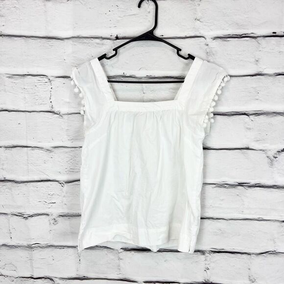 J.Crew Women's White Ruffle-Trim Square Neck Sleeveless Blouse Pom pom 0 - Picture 3 of 8